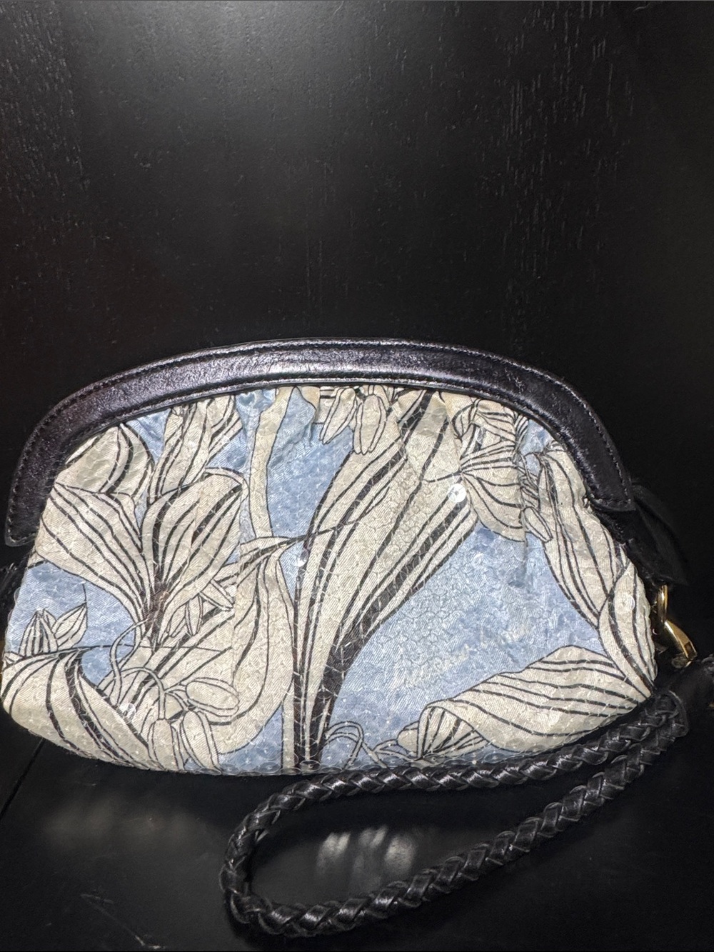 Blue Floral Wristlet Clutch with Braided Strap
